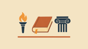 Poster style cartoon image with a flame torch, a book, and a pillar