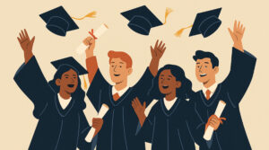 Poster style cartoon image of four graduate tossing graduation caps.
