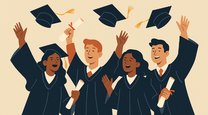 Poster style cartoon image of four graduate tossing graduation caps.