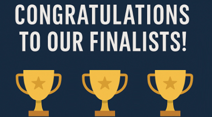 A poster style cartoon image stating "congratulations to our finalists" with three trophy cups
